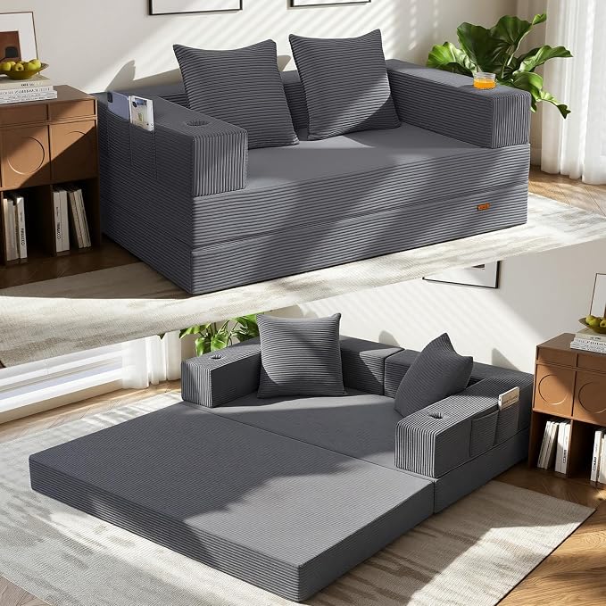 COMAX Futon Sofa Bed, Convertible Sofa Bed, Folding Boneless Couches | Boneless Couch for living room, 4‑in‑1 Fold Out Small Foldable Loveseat Floor Sleeper Mattress Lounge Space‑Saving, Grey