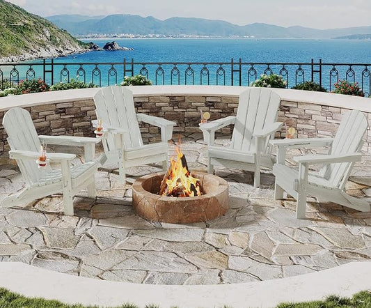 Garvee Folding Adirondack Chair Set of 4, HDPE Outdoor Patio Chair with Cup Holder, All Weather Resistent Wooden Textured for patios, Decks, Gardens, fire Pit, White