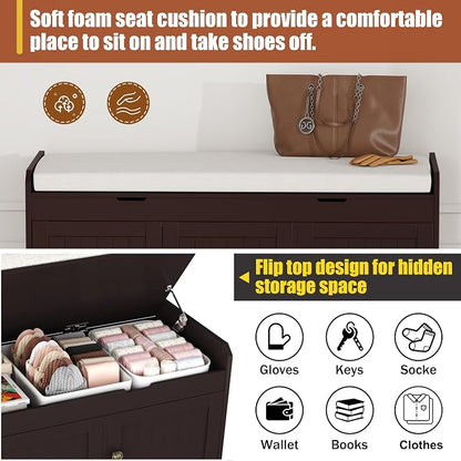 HOMEFORT 41.3" Shoe Bench with Lift Top Storage, Entryway Bench with Cushioned Seat, Wooden End of Bed Bench, Shoe Cabinet Bench with Hidden Storage Space, for Bedroom, Hallway,Espresso