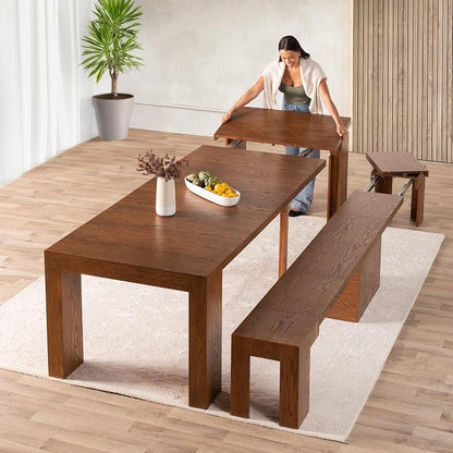 Transformer Table - Solid Wood Extendable Dining Table, Seats 2-12, Expandable Dining Room Table, Space-Saving Furniture, Kitchen and Dining Room Furniture (Brown, Table + Bench)