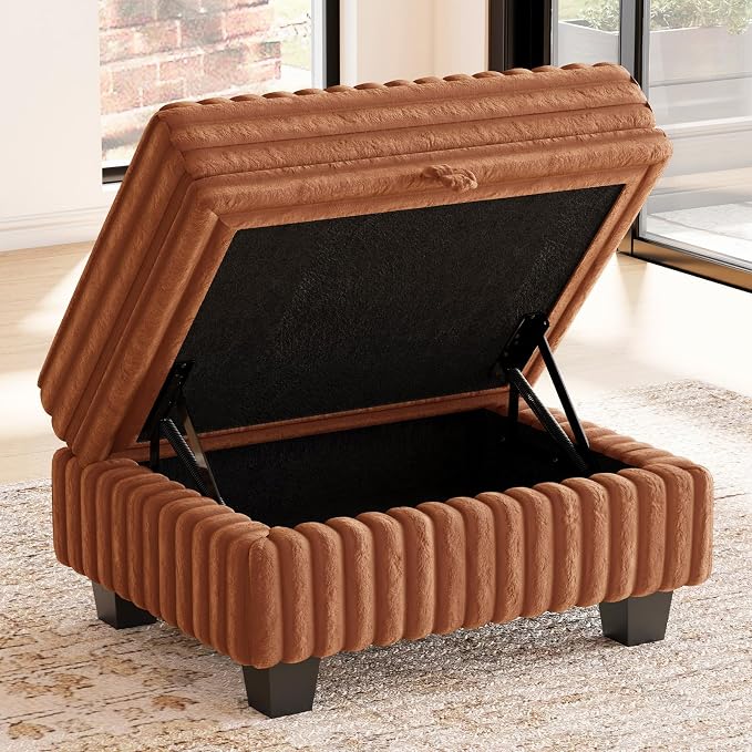 Belffin Corduroy Fabric Ottoman with Storage Ottoman for Modular Sectional Couch Brick Red Couch