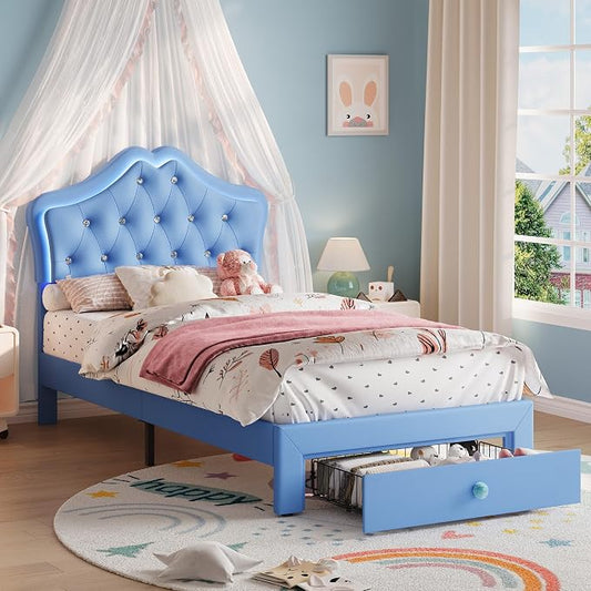 Twin Size Bed Frame for Girls with Storage Drawers & LED Lights, Upholstered Platform Bed, Velvet Crystal Button Princess Bed, Noise-Free Slats, No Box Spring Needed for Kids, Teens, Blue
