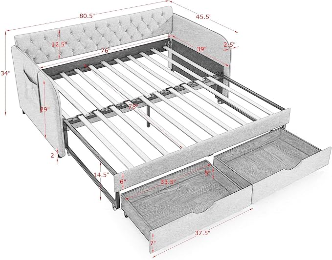 KEIKI Twin Size Upholstery Daybed with Trundle and 2 Drawers, Twin to King Design Mid-Century Style Extendable Sofa Bed, Easy Assembly, No Box Spring Required, for Living Room, Grey