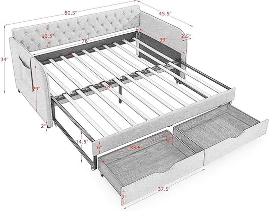 KEIKI Twin Size Upholstery Daybed with Trundle and 2 Drawers, Twin to King Design Mid-Century Style Extendable Sofa Bed, Easy Assembly, No Box Spring Required, for Living Room, Grey