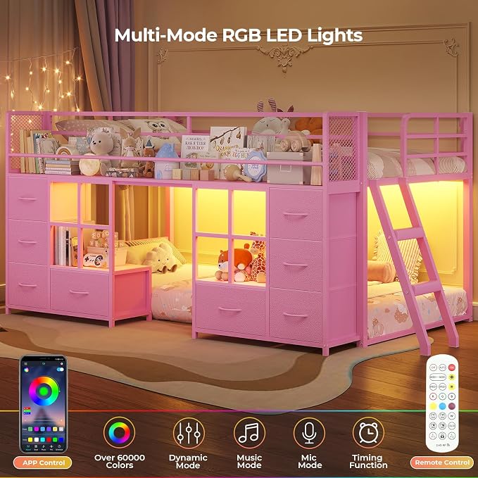 BTHFST Low Bunk Bed Twin Over Twin with 8 Fabric Drawers & Bookshelf, Twin Bunk Beds with RGB LED Lights, Windows, Metal Bunk Beds for Kids with Slanted Ladder & Safety Guardrails, Space Saving, Pink