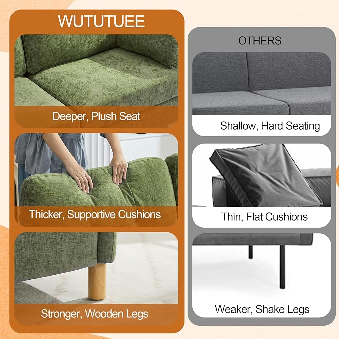 WUTUTUEE 65" Chenille Modern Loveseat Sofa, Upholstered 2-Seater Love Seat Couch with Armrest Pillows, Storage Pockets, Easy Assembly, Tufted Loveseat Couches for Living Room Bedroom, Green