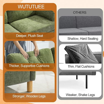 WUTUTUEE 65" Chenille Modern Loveseat Sofa, Upholstered 2-Seater Love Seat Couch with Armrest Pillows, Storage Pockets, Easy Assembly, Tufted Loveseat Couches for Living Room Bedroom, Green