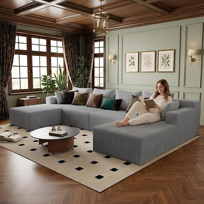 142" Oversized Cloud Modular Sectional Sofa Boneless Couches with Double Chaise Lounge and Deep Seat, Fluffy Corduroy Upholstered Compressed Lounge Sofa & Couches for Living Room