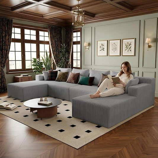 142" Oversized Cloud Modular Sectional Sofa Boneless Couches with Double Chaise Lounge and Deep Seat, Fluffy Corduroy Upholstered Compressed Lounge Sofa & Couches for Living Room