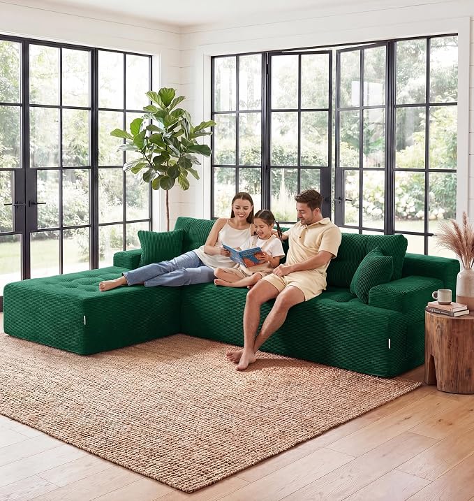Hobestluk Modular Sectional Sofa Couches L-Shape Couch 3 Seat Modular Sofa Memory Foam Sectional Couches for Living Room, Cloud Couch with Oversized Chaise (Emerald Corduroy, 108", Left Hand Facing)