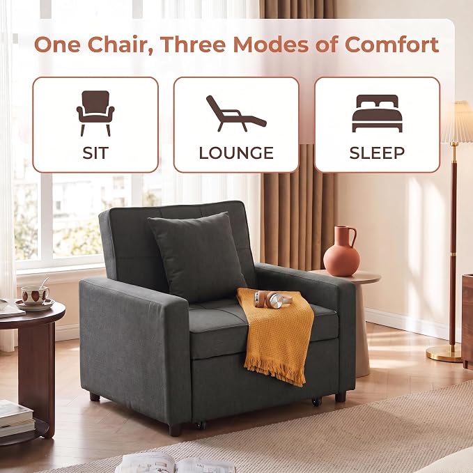 3-in-1 Convertible Sleeper Chair, Pull Out Single Sofa Bed with 3 Adjustable Backrest Angle & Pillow, Foldable Compact Reclining Sofa Bed for Small LivingRoom, Apartment, Home Office, Gray