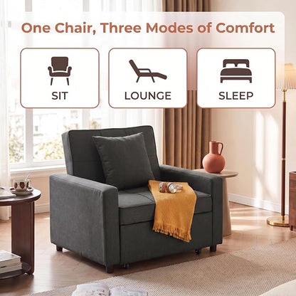 3-in-1 Convertible Sleeper Chair, Pull Out Single Sofa Bed with 3 Adjustable Backrest Angle & Pillow, Foldable Compact Reclining Sofa Bed for Small LivingRoom, Apartment, Home Office, Gray