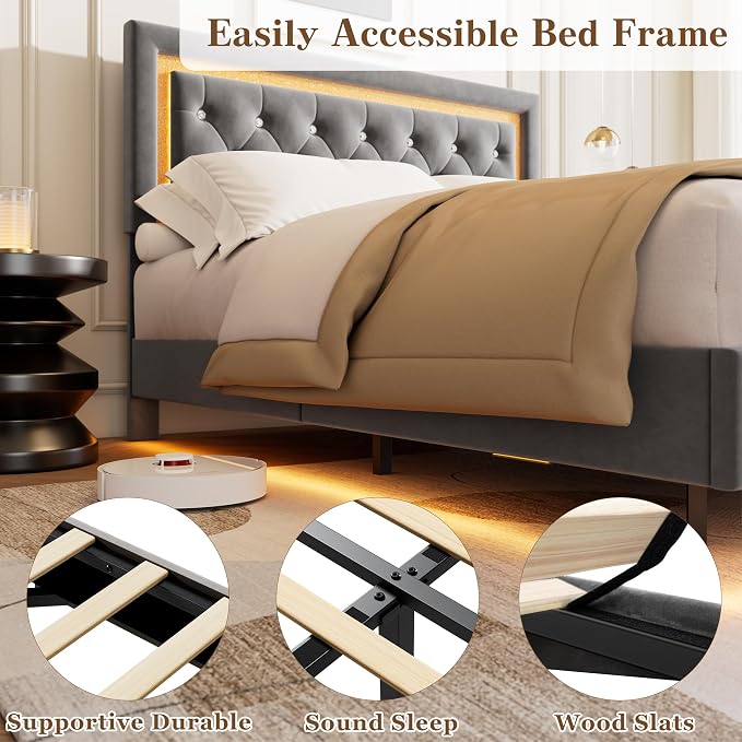 Garvee Floating Bed Frame Full Size with Smart Led Lights, Upholstered Platform Bed with Diamond Headboard, Solid Wood Slats Support, No Box Spring Needed, Noise-Free, Easy Assembly, Grey