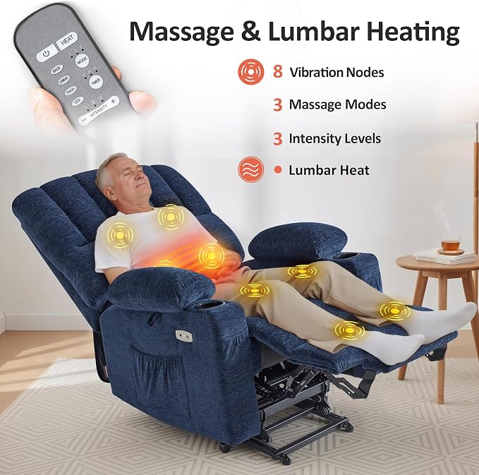 MCombo Large Power Lift Recliner Chair for Elderly, Lift Chair with Heat and Massage, 3 Positions, USB Charge Ports, Cup Holders, Fabric 7099 (Large, Navy Blue)
