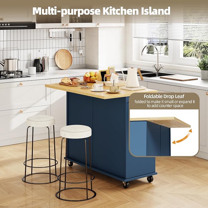 SUNLEI Kitchen Island with Storage, Rolling Kitchen Island Cart with Wheels & Drop Leaf & Towel Rack & 2 Drawers, Portable Island Table for Kitchen (Blue, 39.6“)