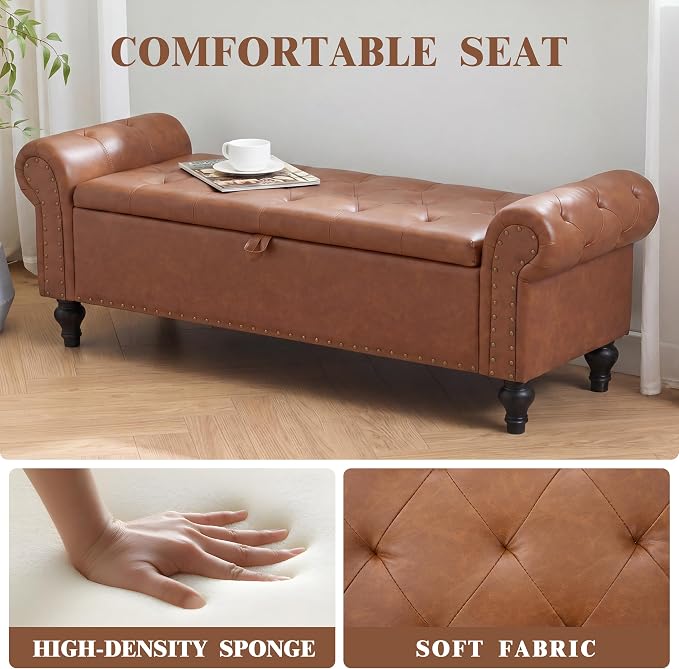 55" Storage Bench for Bedroom, Upholstered Ottoman Bench, Leather Brown | End of Bed Bench for Bedroom, Window Benches for Living Room, Entryway, Ottoman with Large Storage Space, Pet Friendly