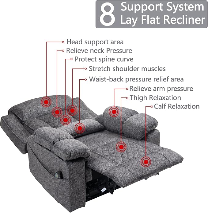 FUNECORP Big Man Power Lay Flat Lift Chair Oversized Recliner Dual Motor Heat Vibration for Elderly, Overstuffed Electric 28" Extra Wide Recliners with Flip Arm Storage Cup Holders,USB Type C Charging