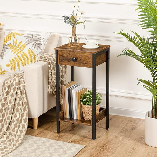 HOOBRO Tall End Table, Nightstand, Industrial Side Table with Drawer and Storage Shelf, for Study, Bedroom, Space Saving, Rustic Brown and Black BF71BZ01