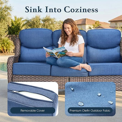 Belord Luxury 6" Thick Cushioned PE Wicker 3-Seater Outdoor Couch, All-Weather Comfortable Modern Patio Sofa, High Back Deep Seat Woven Outdoor Furniture for Porch Balcony, Lawn, Deck - BrownBlue