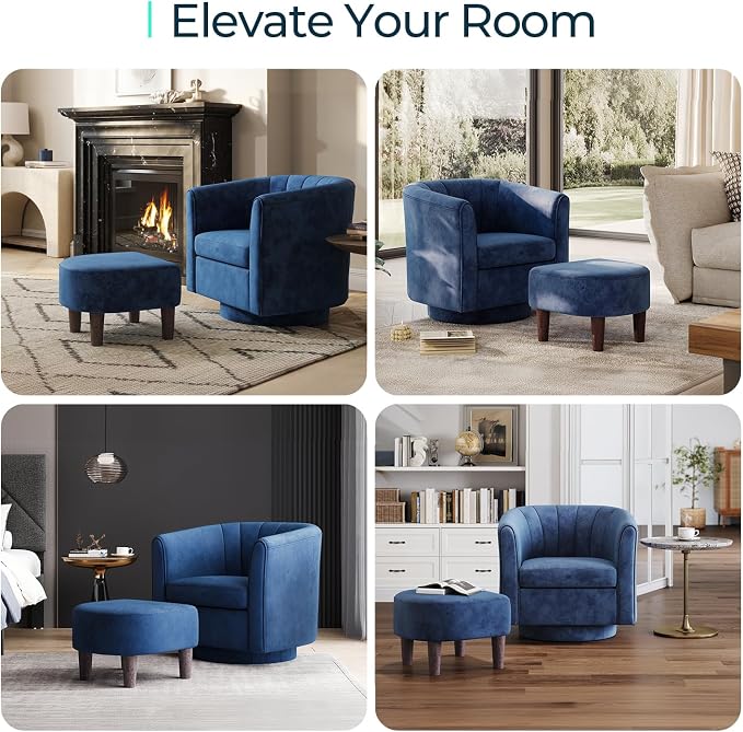 LINSY Swivel Accent Chair Ottoman Set: Velvet Larege Barrel Chair with Foot Rest, Modern Reading Chair Upholstered Armchair with Footrest for Living Room Bedroom Study Room Office (Blue)