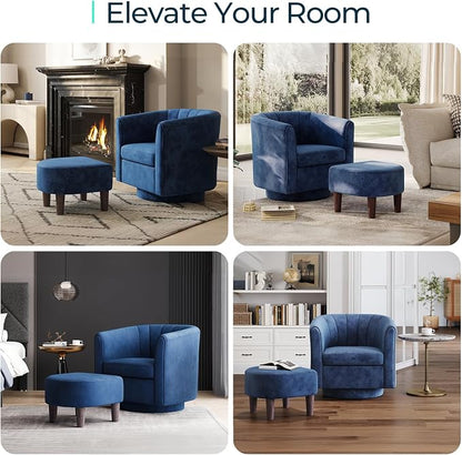 LINSY Swivel Accent Chair Ottoman Set: Velvet Larege Barrel Chair with Foot Rest, Modern Reading Chair Upholstered Armchair with Footrest for Living Room Bedroom Study Room Office (Blue)