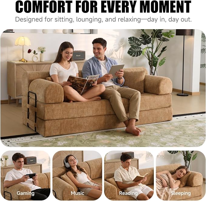78.84" Boneless Couch with Memory Foam, Corduroy Convertible Loveseat for Apartment Living Room, Floor Sofa Bed,1200 lb, Vacuum Packed Couch in a Box, Ochre