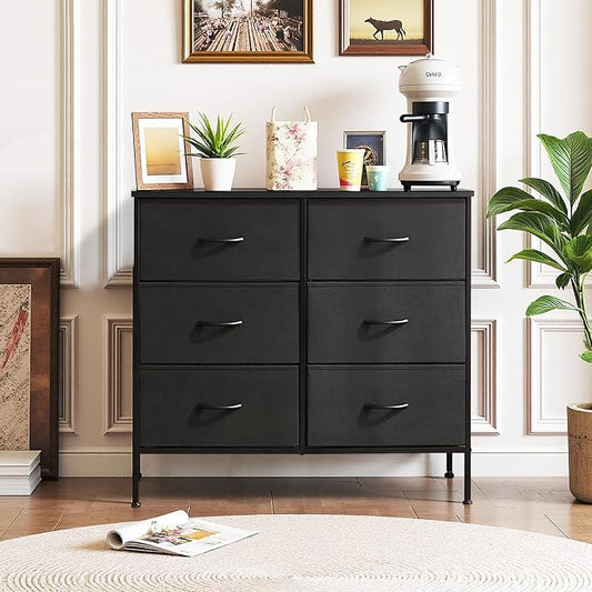 6-Drawer Dresser for Bedroom, Anti-Tip Wide Storage Organizer Chest of Drawers with Wooden Top and Metal Frame Fabric Bins for Closet, Living Room, Hallway, Entryway, Black