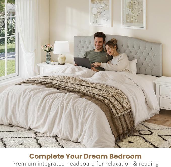 King Headboard Only, Linen Classic Tufted Design, Gray Linen | 2 installation options: 1.bed frame mount 2.wall mount (for adjustable bed), Classic hand-tufted headboard king size