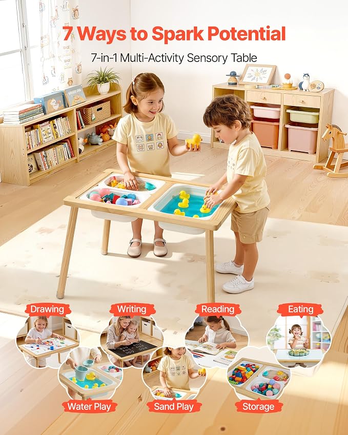 VEVOR Sensory Table for Toddlers, Wooden Kids Activity Table with Reversible Double-Sided Board, Storage Bins, and Non-Slip Feet, for Boys and Girls Playing Sand and Water, Drawing, Studying, Dining