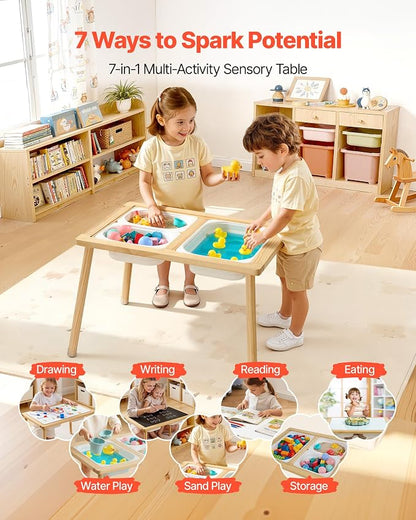 VEVOR Sensory Table for Toddlers, Wooden Kids Activity Table with Reversible Double-Sided Board, Storage Bins, and Non-Slip Feet, for Boys and Girls Playing Sand and Water, Drawing, Studying, Dining