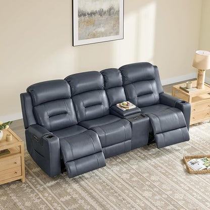 Watson & Whitely Genuine Leather Power Recliner Sofa, Lay Flat Reclining Sofa with Storage Console, Power Headrest & Cup Holders, 3 Seater Electric Reclining Couch for Living Room, Navy Blue