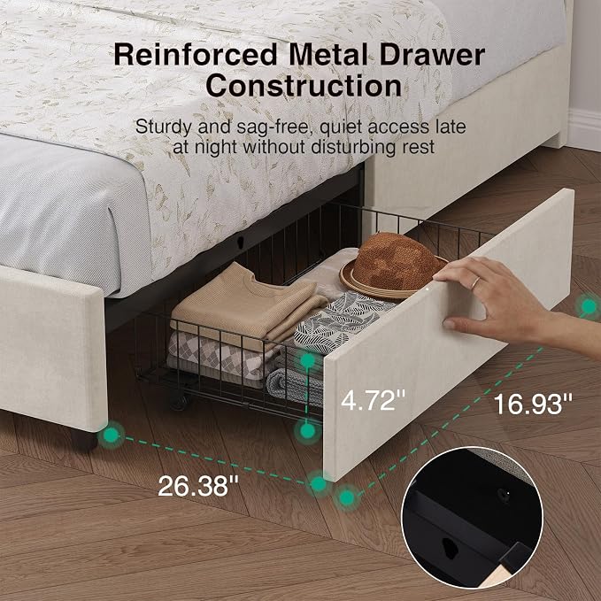 Novilla King Size Bed Frame with Storage Drawers, King Bed Frame and Headboard, King Bed Frame with LED Lights, Charging Station and Adjustable Headboard, No Box Spring Needed, White Velvet