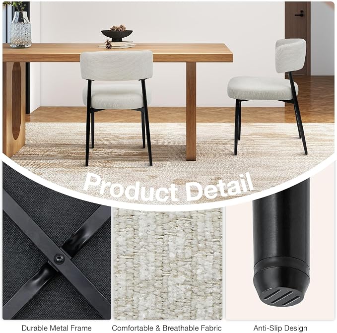 Sweetcrispy Dining Chairs Set of 4, Boucle Fabric Modern Mid Century Round Kitchen Chairs with Curved Backrest & Metal Legs for Vanity, Living Room - Modern Beige