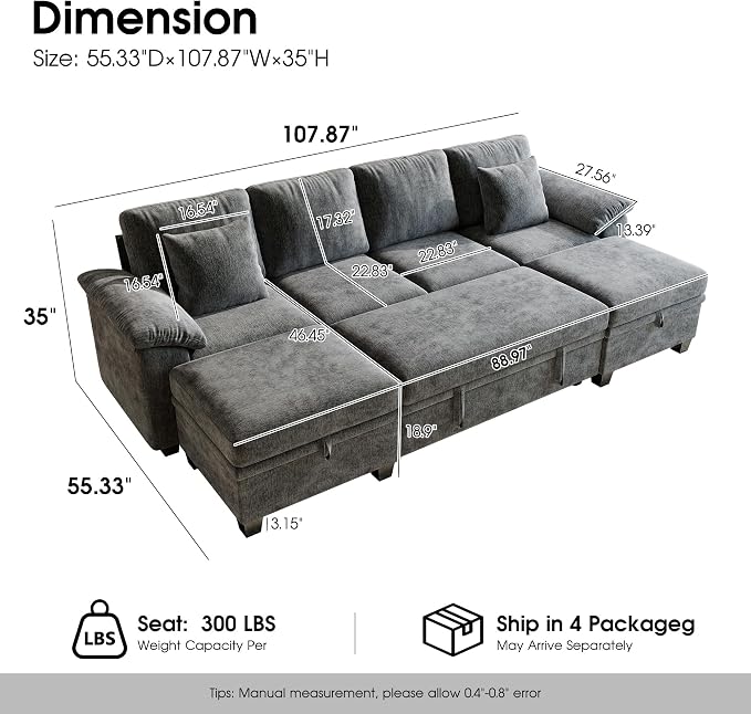 Sectional Sleeper Sofa Bed, 107.8" U Shaped 6 Seat Pull Out Couch with Storage Ottoman, Convertible Cloud Couch Bed, Modular Sectional Couches for Living Room, Apartment (Gray)