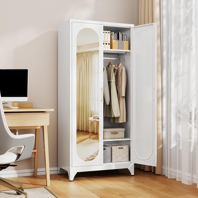 71" Arched Metal Wardrobe Closet with Full-Length Mirror, French Elegance Steel Armoire Clothes Storage Cabinet with Hanging Rod & Adjustable Shelves for Bedroom Home Office, 18" Deep White