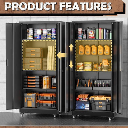 INTERGREAT Metal Storage Cabinet with Wheels, 73" Rolling Storage Cabinets with Door and 4 Shelves, Tall Storage Cabinets Locker on Caster for Home, Office, Black