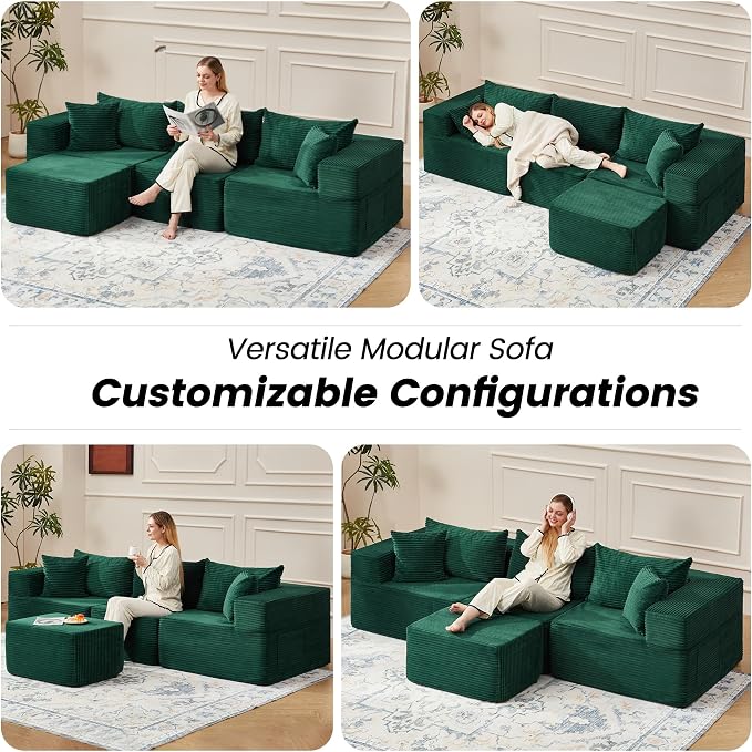 HOMREST 102" Cloud Couch Sectional, L Shaped Modern Sofa with Ottoman, Comfy Corduroy Fabric Modular Sectional Sofa in a Box, Boneless Couches for Living Room, No Assembly Required (Green)