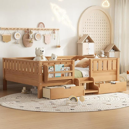Bellemave Full Floor Bed with Stairs, Rails and Slats, Full Size Montessori Floor Bed with Bookshelf and 2 Storage Drawers, Easy Assemble Montessori Beds Frame for Girls, Boys, Deep Natural