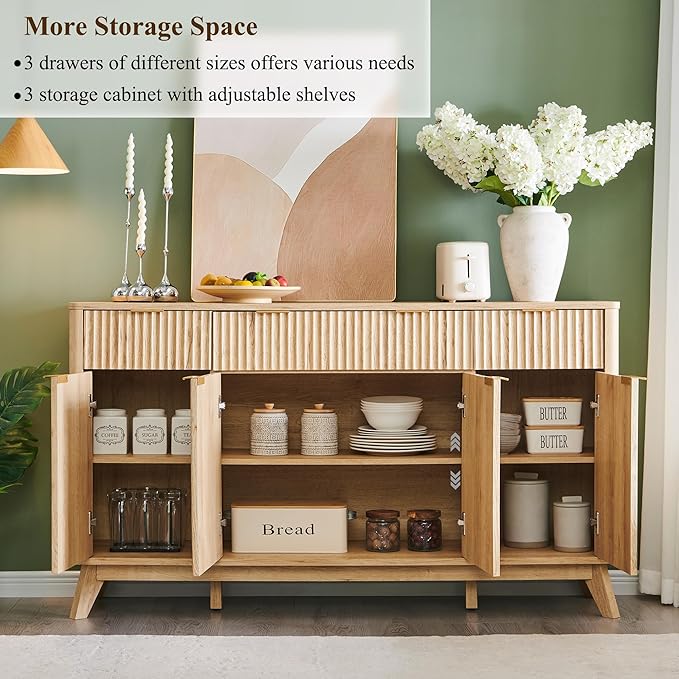 T4TREAM 60 Inch Fluted Buffet Sideboard Cabinet, Natural Oak | Modern Coffee Bar Storage Cabinet With 3 Drawers, for Dining Room, Living Room, Hallway, Oak Wood Grain, Adjustable shelves