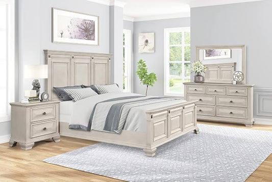 Roundhill Furniture Renova Distressed Parchment Wood Bedroom Set, Panel Bed, Dresser, Mirror, Nightstand, King