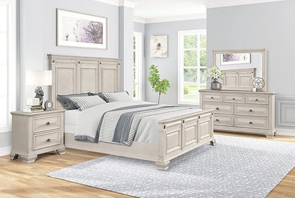 Roundhill Furniture Renova Distressed Parchment Wood Bedroom Set, King Panel Bed, Dresser, Mirror, Nightstand, Chest