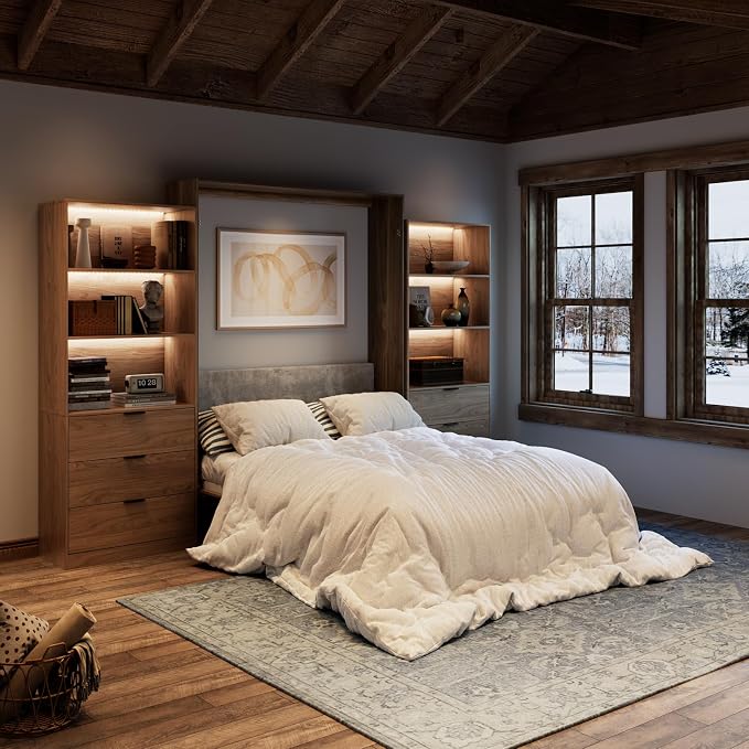 Bobve Farmhouse Murphy Bed Queen,85" Wall Bed Folds to Save Space,Concealed Bed Frame with 2 LED Storage Cabinets and Wall Mounted Features for Apartment/Office/Guest Room,Brown+Walnut