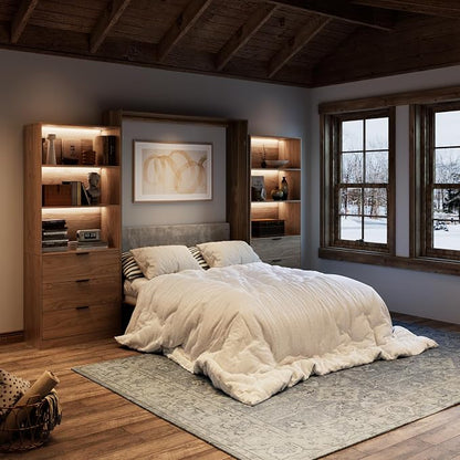 Bobve Farmhouse Murphy Bed Queen,85" Wall Bed Folds to Save Space,Concealed Bed Frame with 2 LED Storage Cabinets and Wall Mounted Features for Apartment/Office/Guest Room,Brown+Walnut