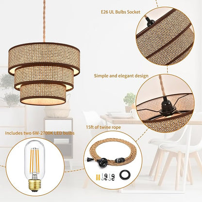XININSUN Rattan Plug in Pendant Light Boho Wicker Lampshade Hanging Lights with Plug in Cord Plug in Chandelier for Bedroom Kitchen Dining Room Island