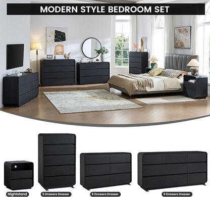 Standifurno Dresser for Bedroom, Modern Cuved Dresser with 9 Drawers,Black Dresser with Handleless Design, Closet Storage Dresser, 15.43" D x 57" W x 28.3" H (9 Drawers)