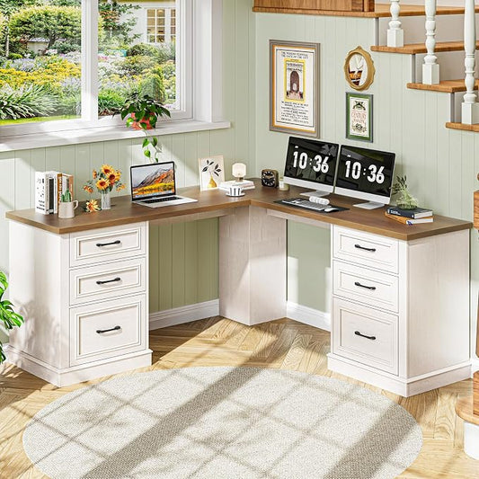 Vabches Farmhouse 59" L-Shaped Executive Desk with File Drawers, Wood Corner Sturdy Writing Workstation with Storage Drawers, Rustic Computer Writing Desk for Home Office & Study. Unique White