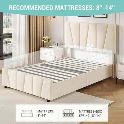 Twin Size Bed Frame with Upholstered Headboard & 2 Storage Drawers with Wheels, Platform Bed Frame with Wooden Slat Support, Adjustable Headboard, No Box Spring Needed, Noise-Free, for Bedroom