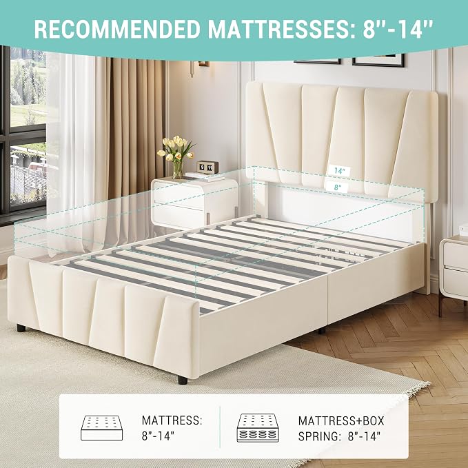 GarveeHome Twin Size Bed Frame with Adjustable Headboard and 2 Storage Drawers, Velvet Upholstered Tufted Twin Platform Bed Frames with Wooden Slats Support, Bedframe No Box Spring Needed, Beige/Cream