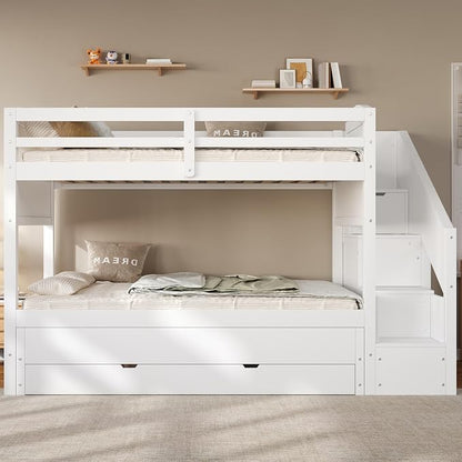 RUNNA Twin XL Bunk Bed with Trundle,Storage Stairs,Kids Bedroom,White | Twin XL bunk bed with trundle, storage stairs, solid wood frame, guardrails, no box spring needed, white, space saving