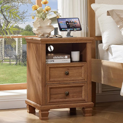 SAVOR LIFE Farmhouse Night Stand Set of 2 with Charging Station, Antique Bedside Table with Open Shelf & Thick Tabletop & Square Wooden Legs, Brown